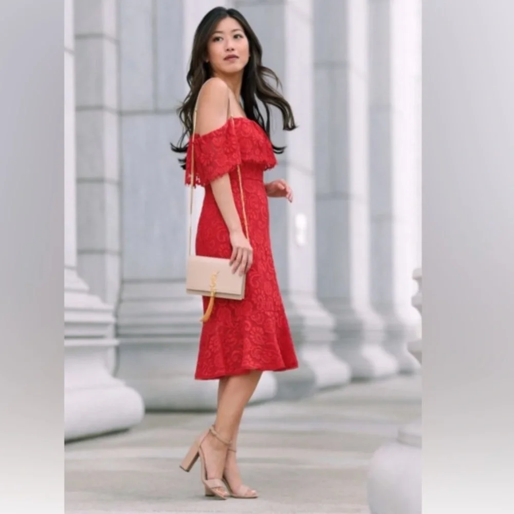 COPY - BCBGMAXAZRIA NWT red off the shoulder lace dress - Picture 1 of 10